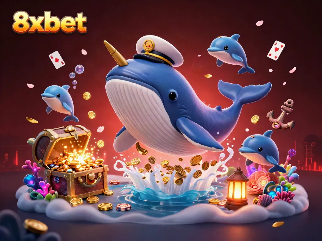 Engage in exhilarating gameplay at 8xbet with dynamic 3D illustration of a cartoon whale, narwhal, and dolphins amidst riches.