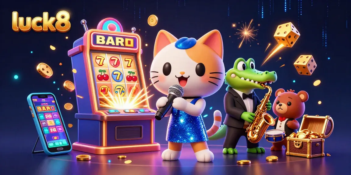 Experience excitement at luck8 casino with vibrant characters and dynamic jackpot elements in this lively illustration.