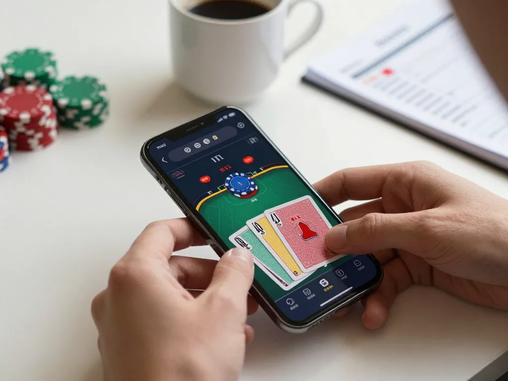 Player engaged in GA88 poker game on smartphone, placing strategic bets with cards and chips visible.