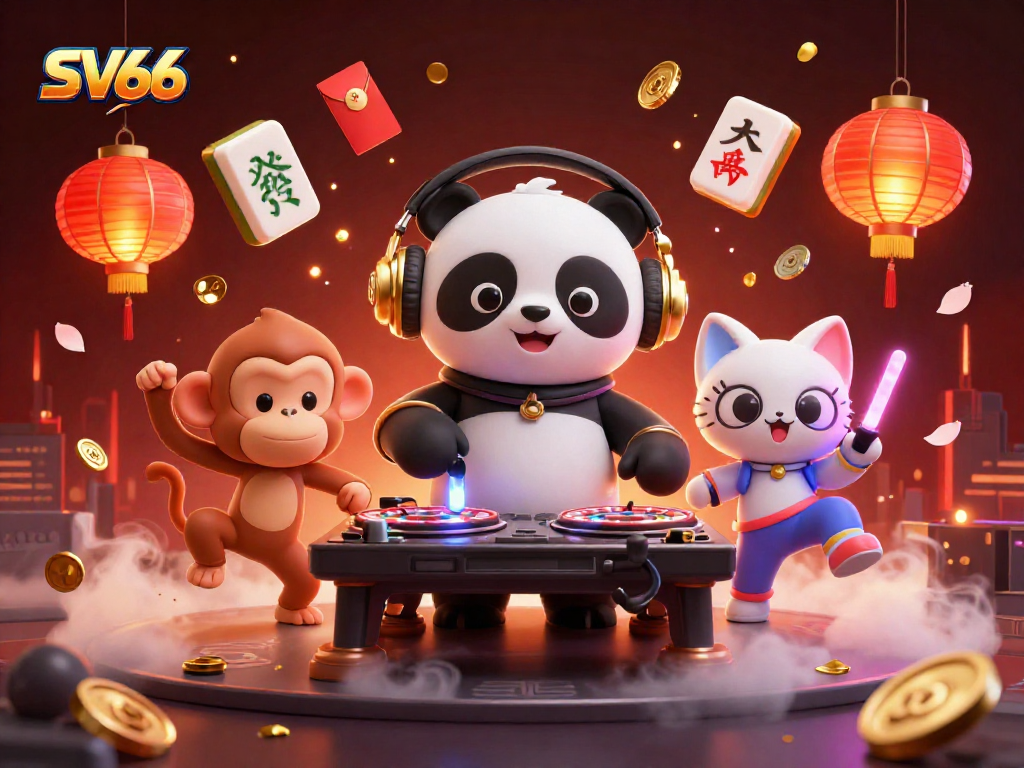 Experience SV66's vibrant gaming scene with a DJ panda, breakdancer monkey, and glowing kitten celebrating wins.