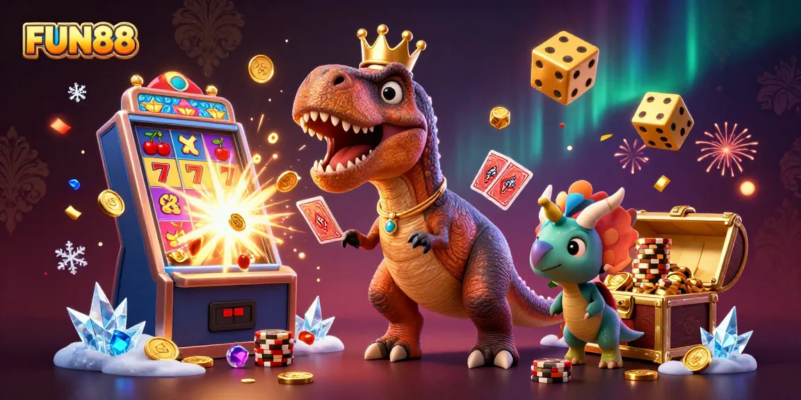 FUN88 showcases a vibrant 3D casino scene with T-Rex shuffling cards and triceratops stacking chips.