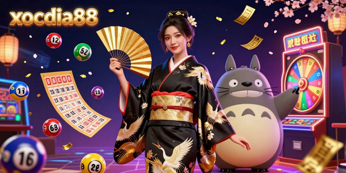 xocdia88 presents an exciting casino scene with vibrant lottery elements and dynamic characters, tailored for classic gaming enthusiasts.