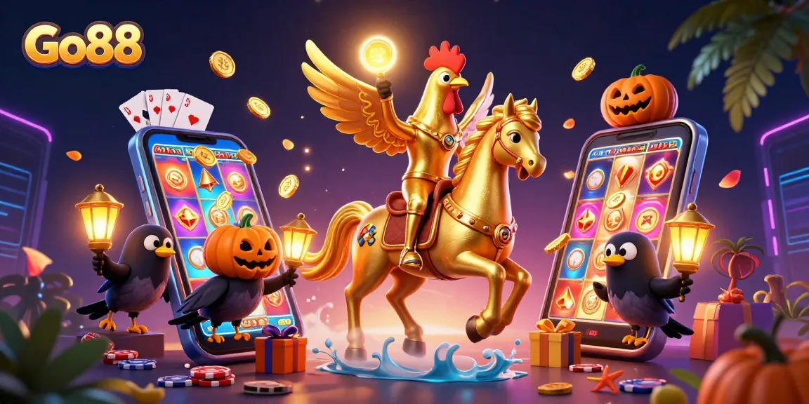 Play exciting slot games at Go88, featuring a golden rooster and dynamic casino elements.
