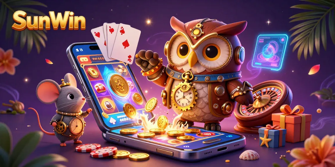 Experience the thrilling world of SunWin with vibrant casino elements and dynamic characters in this 3D illustration.