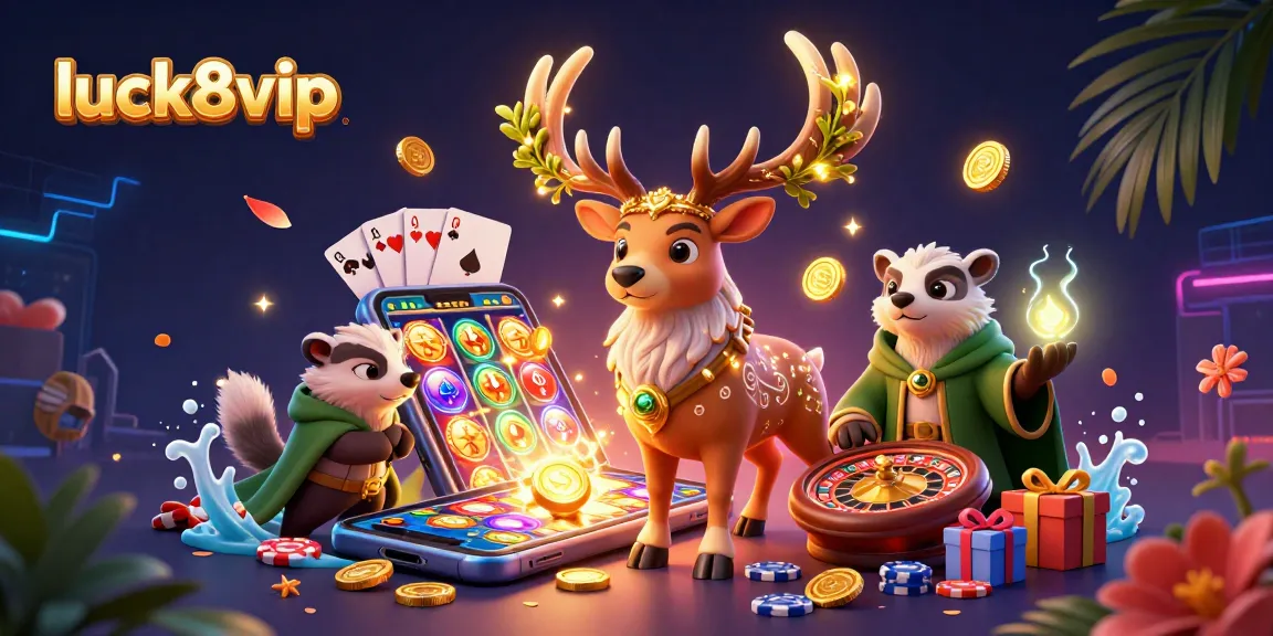 Experience thrilling wins at luck8vip with a vibrant, interactive gaming scene featuring dynamic slot reels and casino elements.