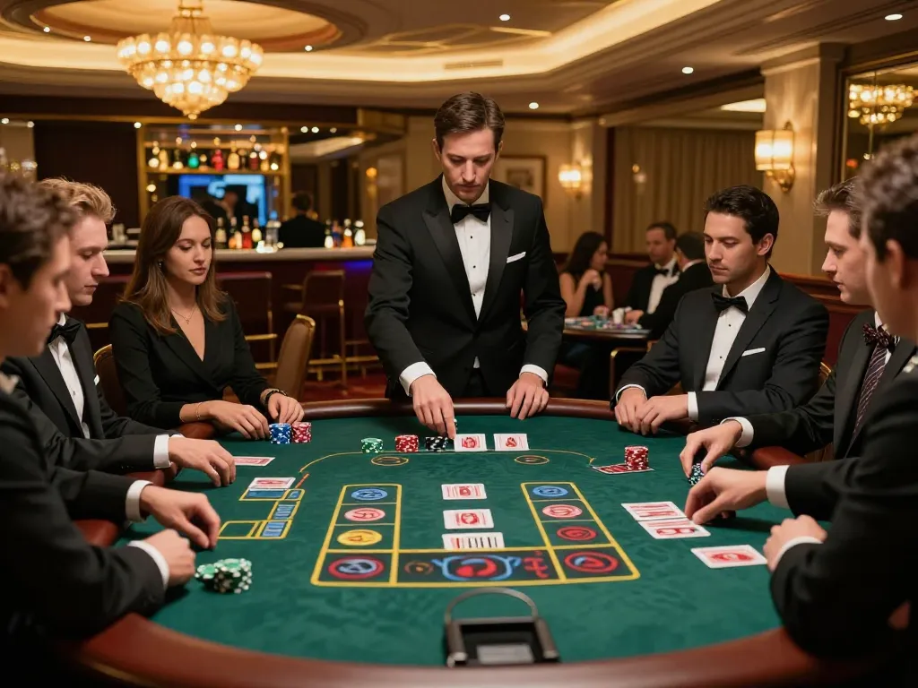 Players strategizing at a high-stakes blackjack table in a luxury hitclub casino.
