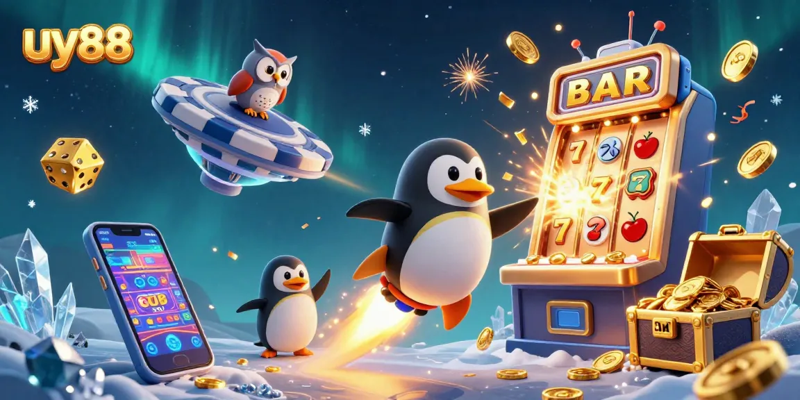 Experience the thrill of uy88 with a golden penguin blasting through a vibrant casino universe.