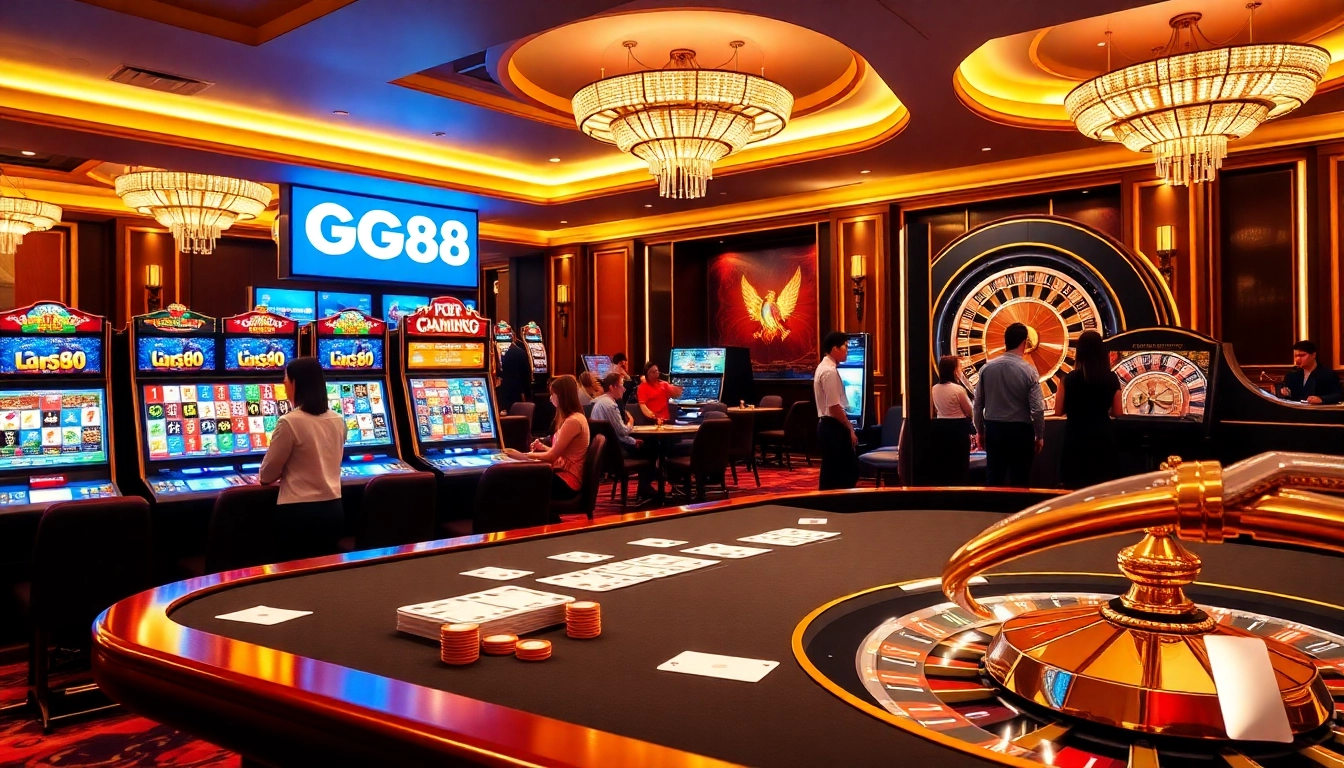 Players enjoying exciting games at GG88 online casino with vibrant slots and tables.