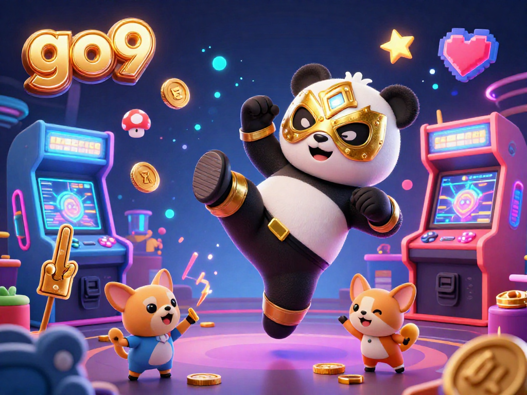 Experience go9 excitement with a vibrant casino-themed illustration featuring a golden lucha libre panda and energetic animal spectators.