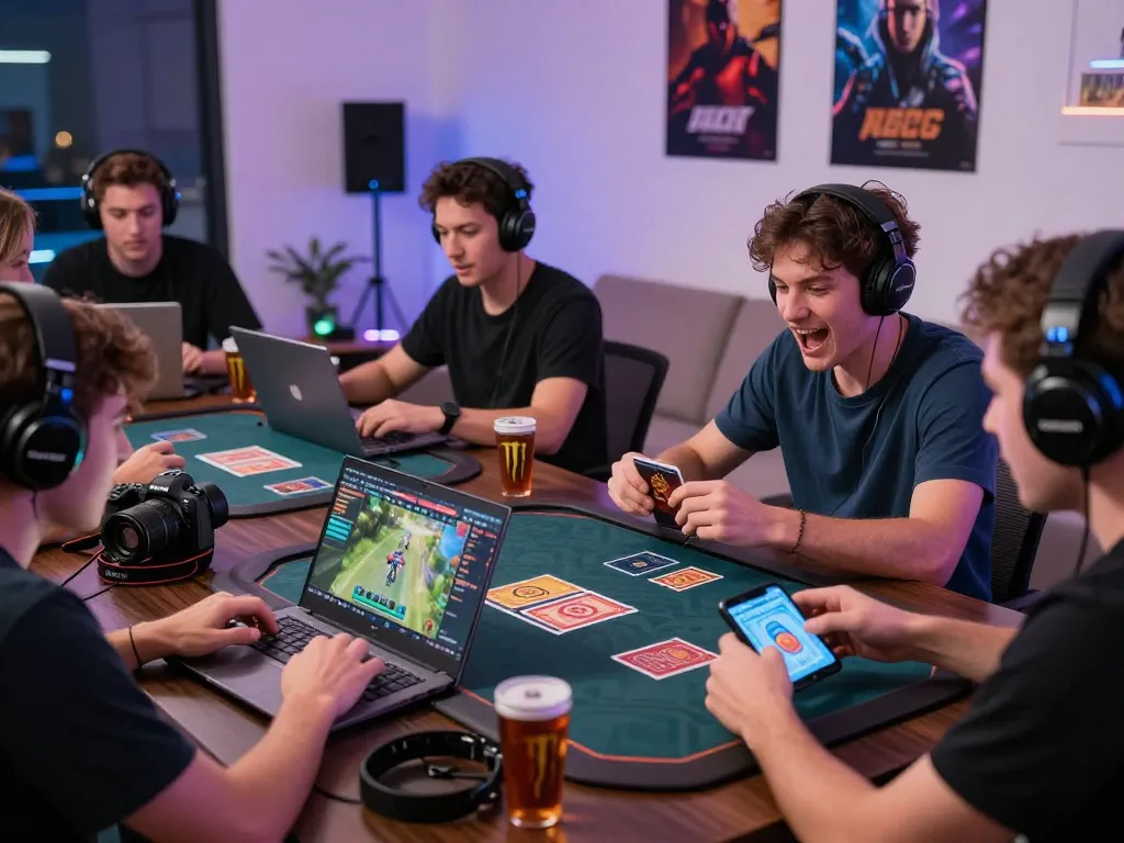 Players enjoying 789club gaming on various devices in a lively living room setting.