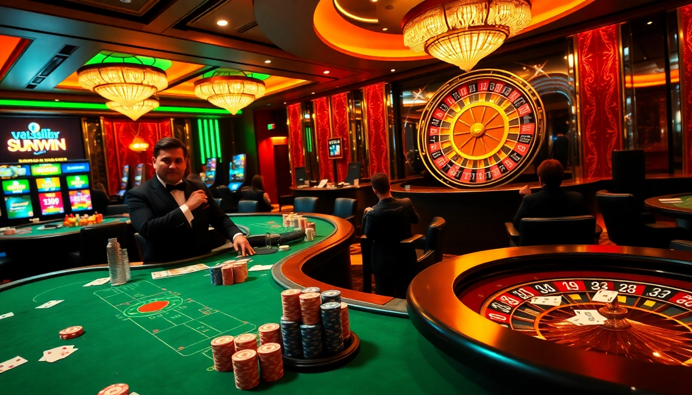 Experience thrilling games at Sunwin's luxurious casino, complete with vibrant tables and eager players.