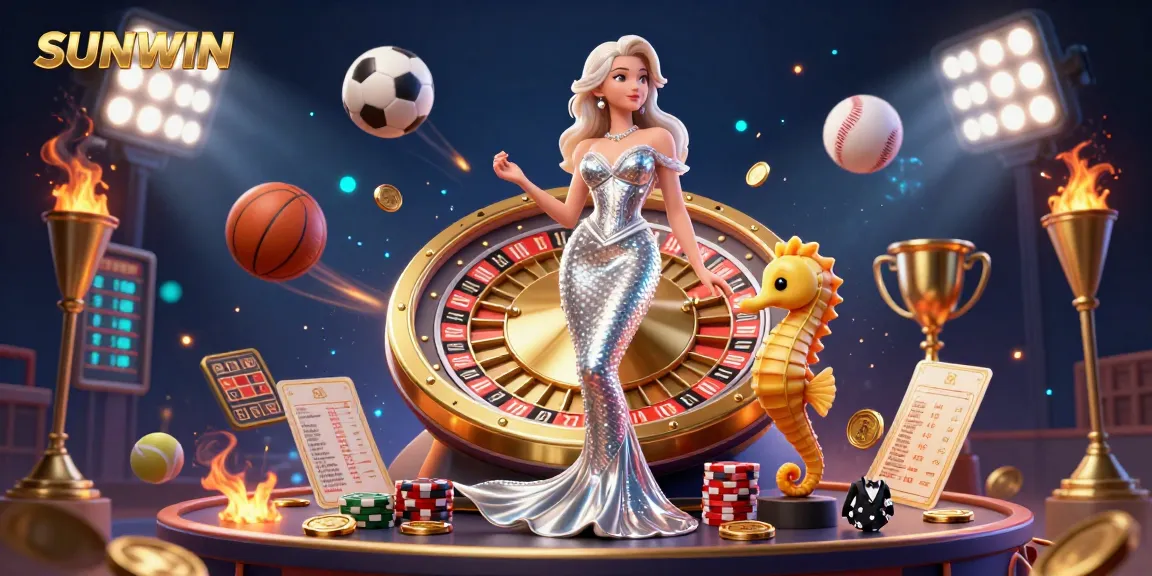 SUNWIN casino scene featuring a glamorous woman and a charming seahorse with casino elements, showcasing the excitement of online gambling.