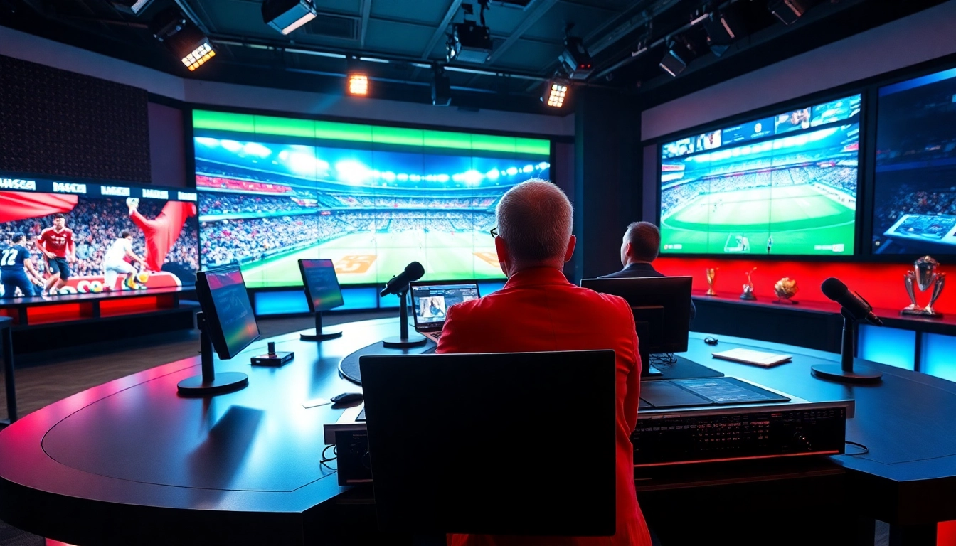Engaging sports broadcasting studio showcasing presenters with dynamic visuals.