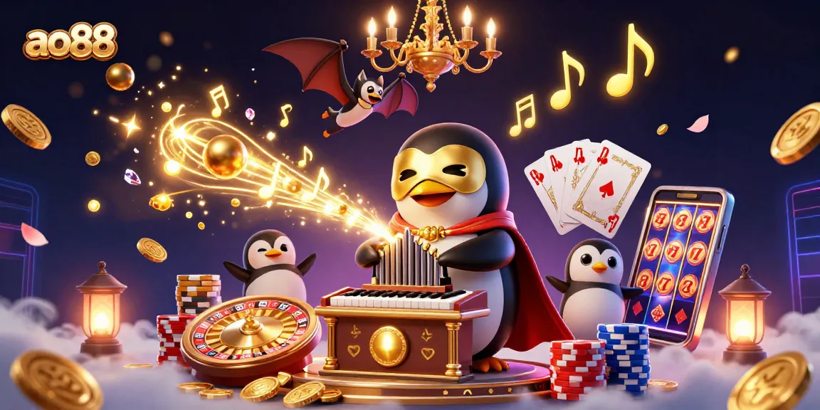 Experience the excitement at ao88 with a lively 3D casino scene featuring a penguin playing an organ shooting golden coins.
