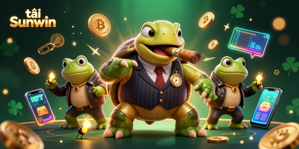Spin to win while enjoying tải Sunwin with cartoon turtle characters and glowing crypto elements.