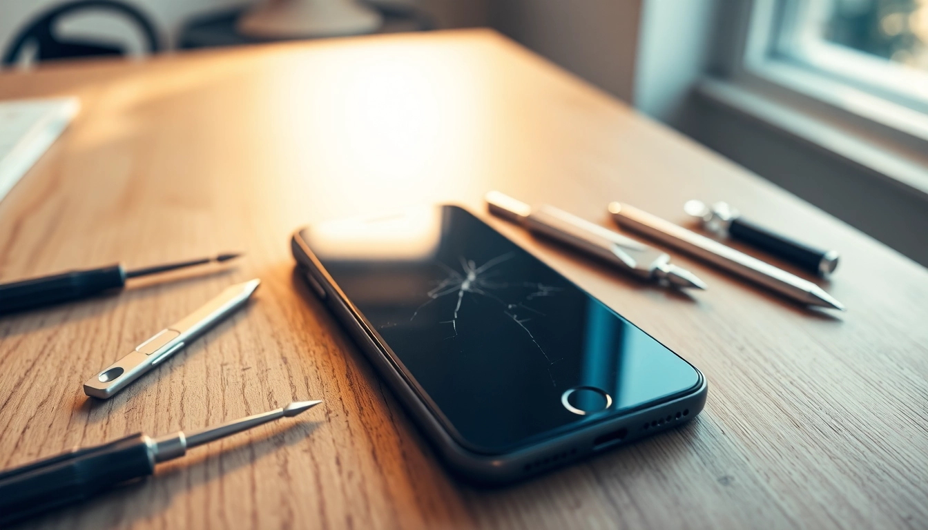 Get Broken iPhone Cash by showcasing a damaged device on a repair table.