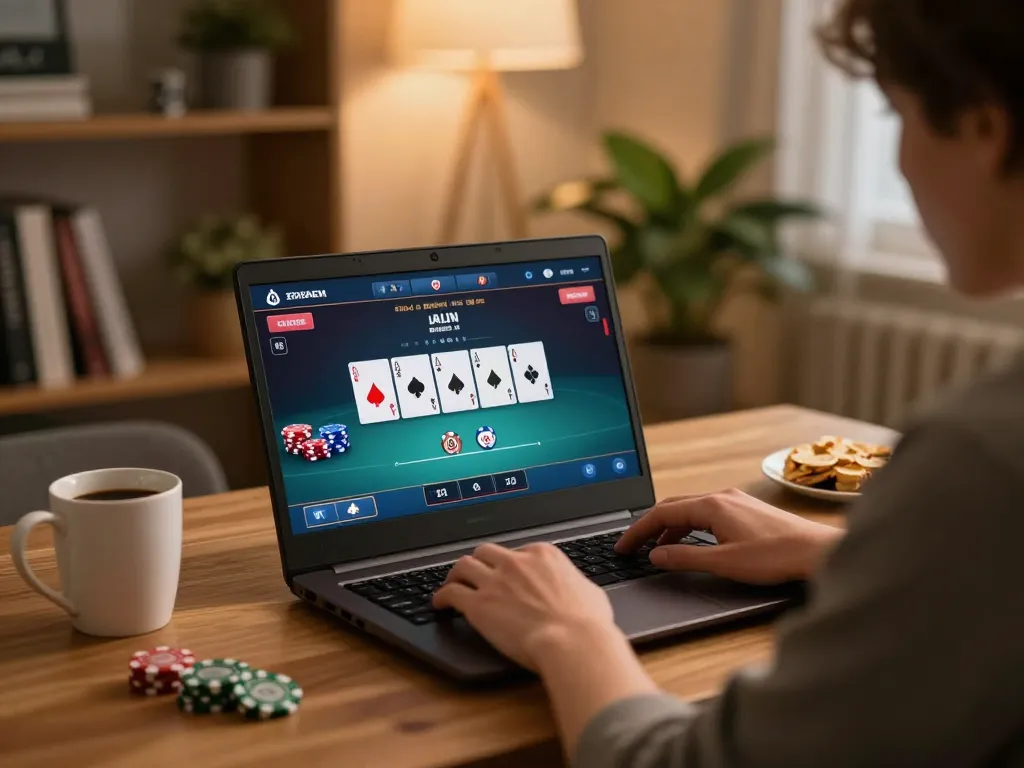 Engaging in online poker at home with 888vnd platform, showcasing strategic gameplay.