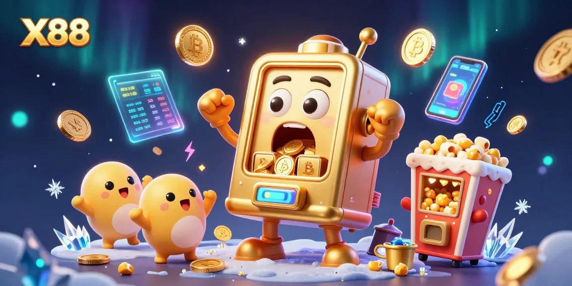X88 slot machine hits jackpot, surrounded by cheering baby slots and Bitcoin coins.