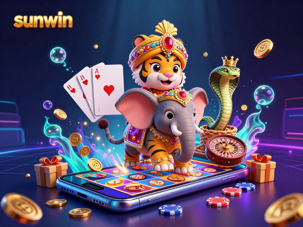 Win big with sunwin at a vibrant casino scene featuring a jewel-encrusted elephant and slot game excitement.