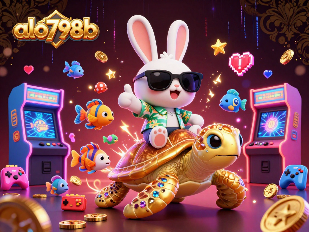 Experience thrills at alo798b with an adorable lucky rabbit and golden turtle in a vibrant casino scene.