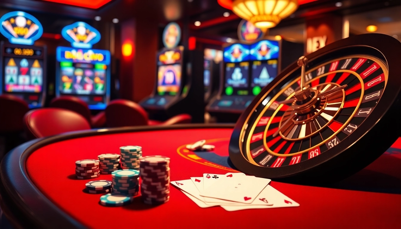 Engaging online gambling scene representing the vibrant offerings of https://goal123.work/ with casino tables, cards, and chips.