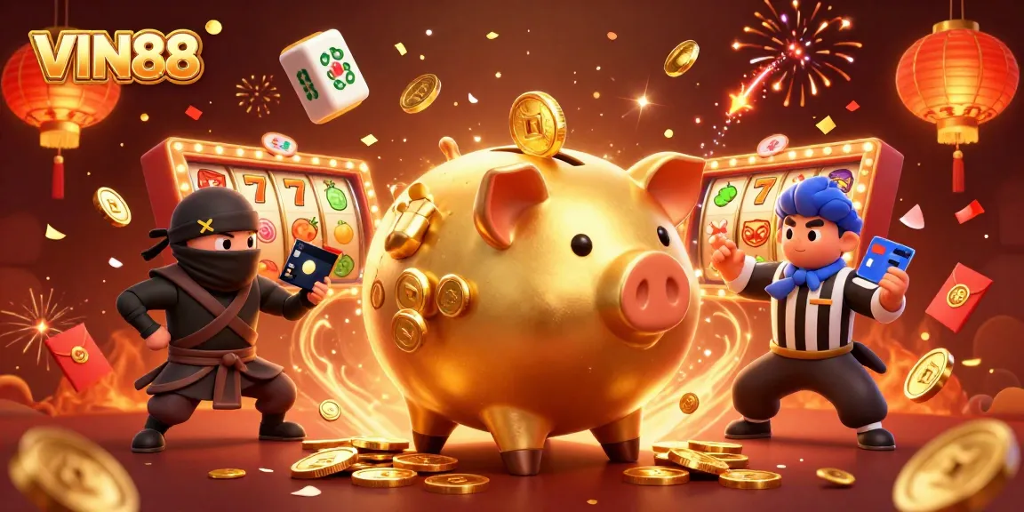VIN88 showcases a thrilling casino scene with energetic characters and vibrant slot icons.