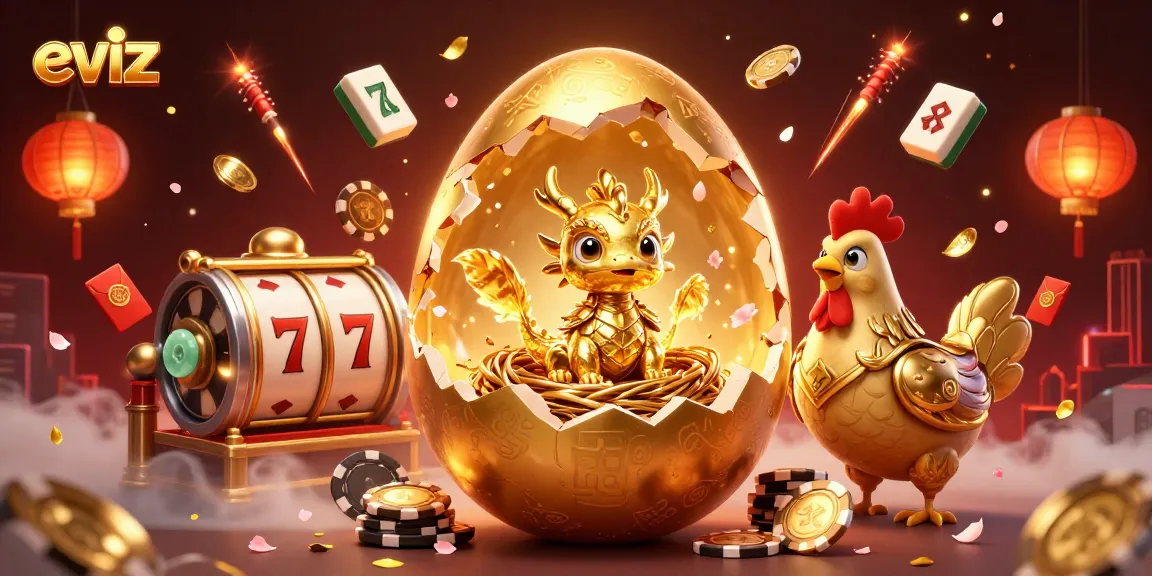 Spin the reels and engage with eviz's exhilarating golden dragon-themed casino scene rich in vibrant gaming elements.