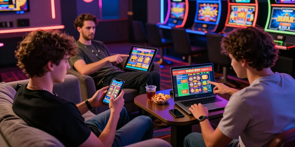 Players engaging with new UK slot sites on smartphones and tablets in a vibrant casino atmosphere.