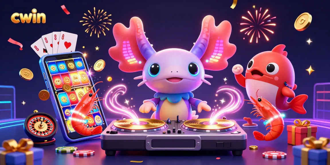 Spinning vibrant slot reels in cwin's colorful casino scene featuring neon axolotl DJ.