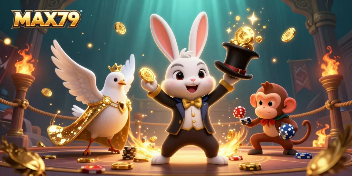 Experience the magic of MAX79 with a whimsical illustration featuring a magician rabbit, dove, and monkey, all amidst vibrant casino elements.