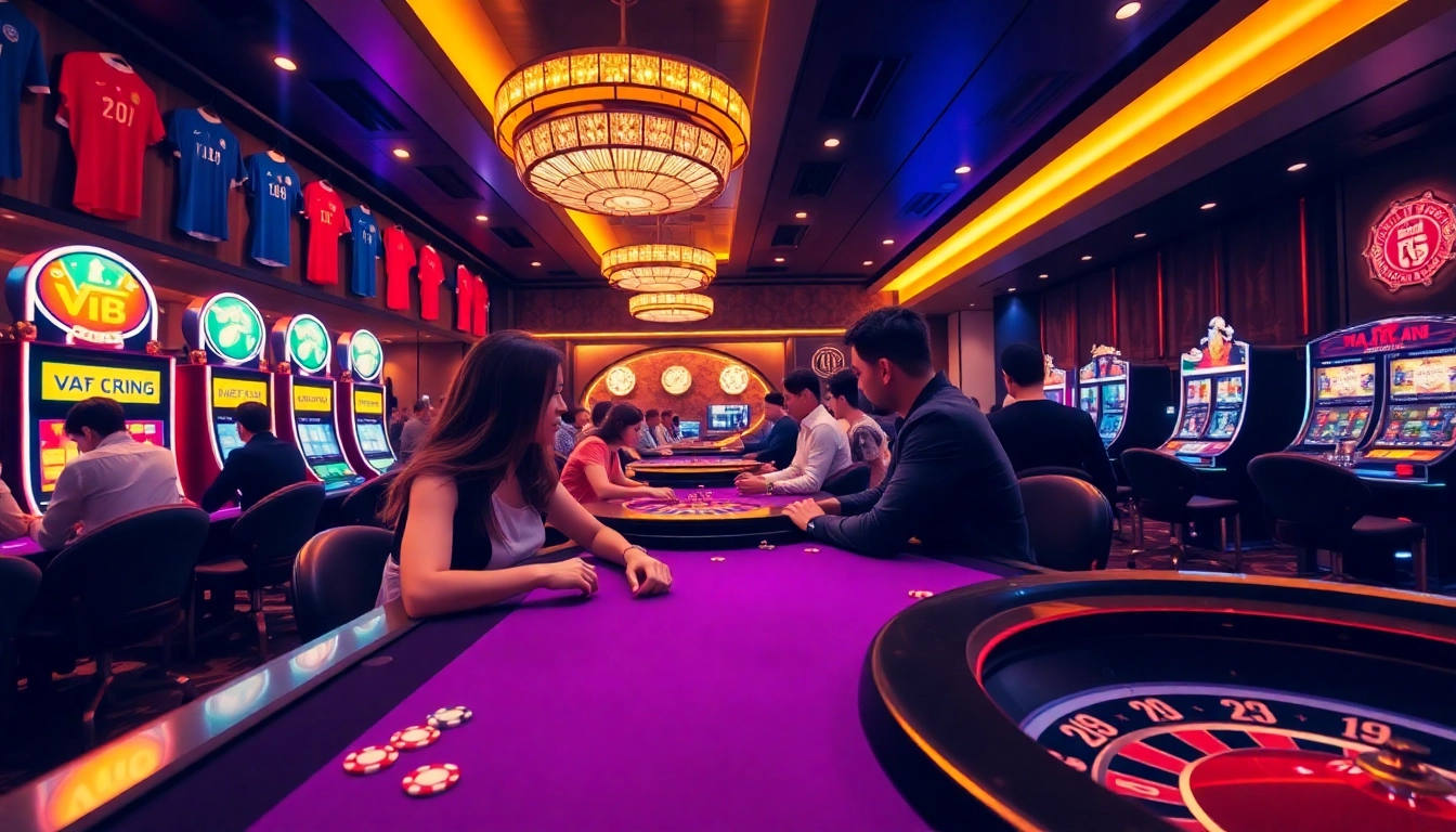 Experience the thrill of Vào Lưới TV in a vibrant casino setting with poker chips and slot machines.