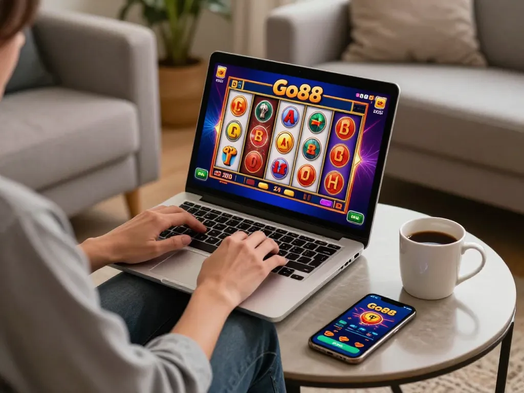 Engaged player enjoying exciting slots at Go88 on their laptop in a cozy home setting.