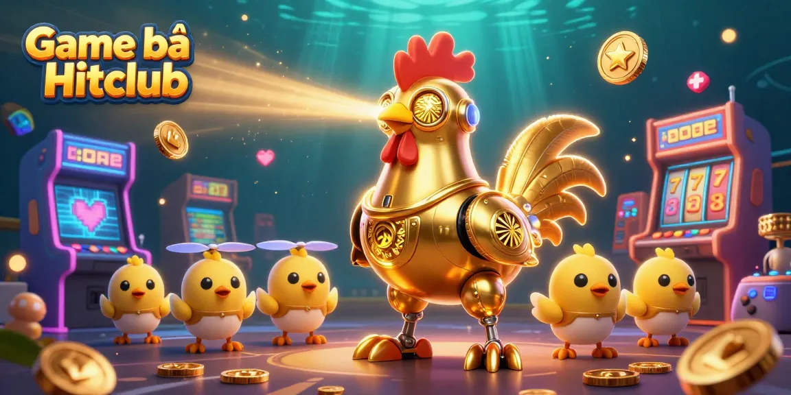 Engage with Game bài Hitclub in a vibrant 3D casino world featuring a golden rooster robot.