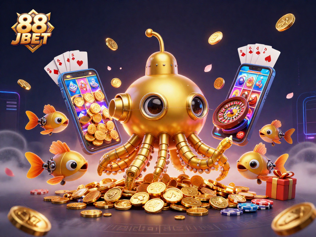 Bet on exciting slots with the vibrant 88 JBET kraken-themed illustration, showcasing action and fun.