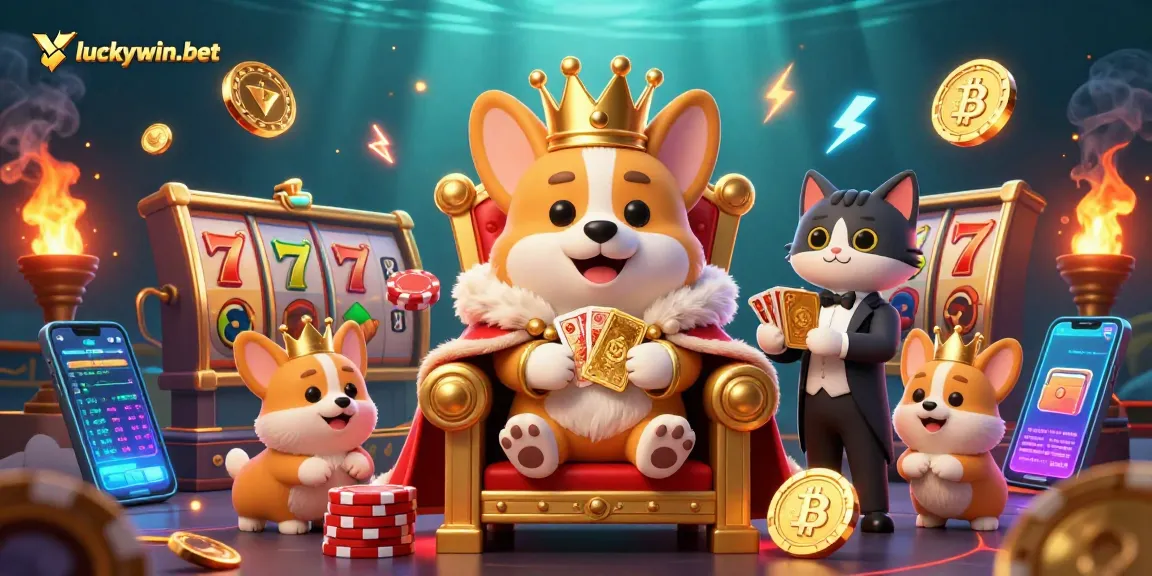 Participate in thrilling games at luckywin-bet with a royal corgi in a casino scene.