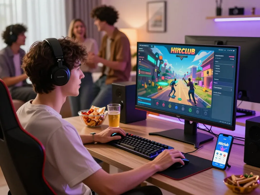 Engaging gaming session featuring tải hitclub on large monitor, showcasing dynamic online gaming atmosphere.
