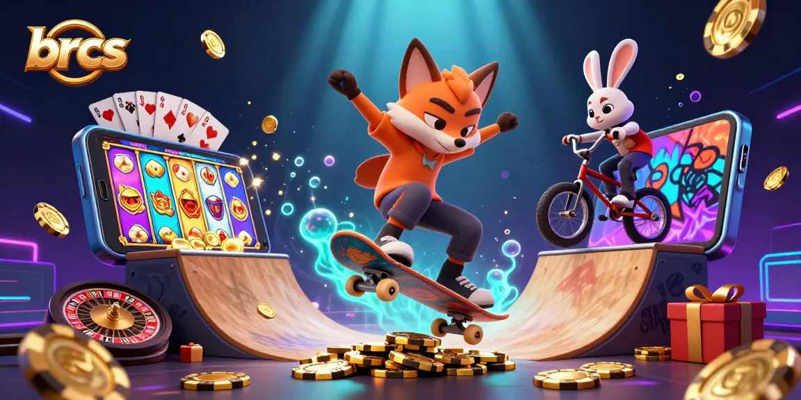 Experience exciting gameplay at brcs, where a skateboarder fox flips over poker chips surrounded by vibrant casino elements.