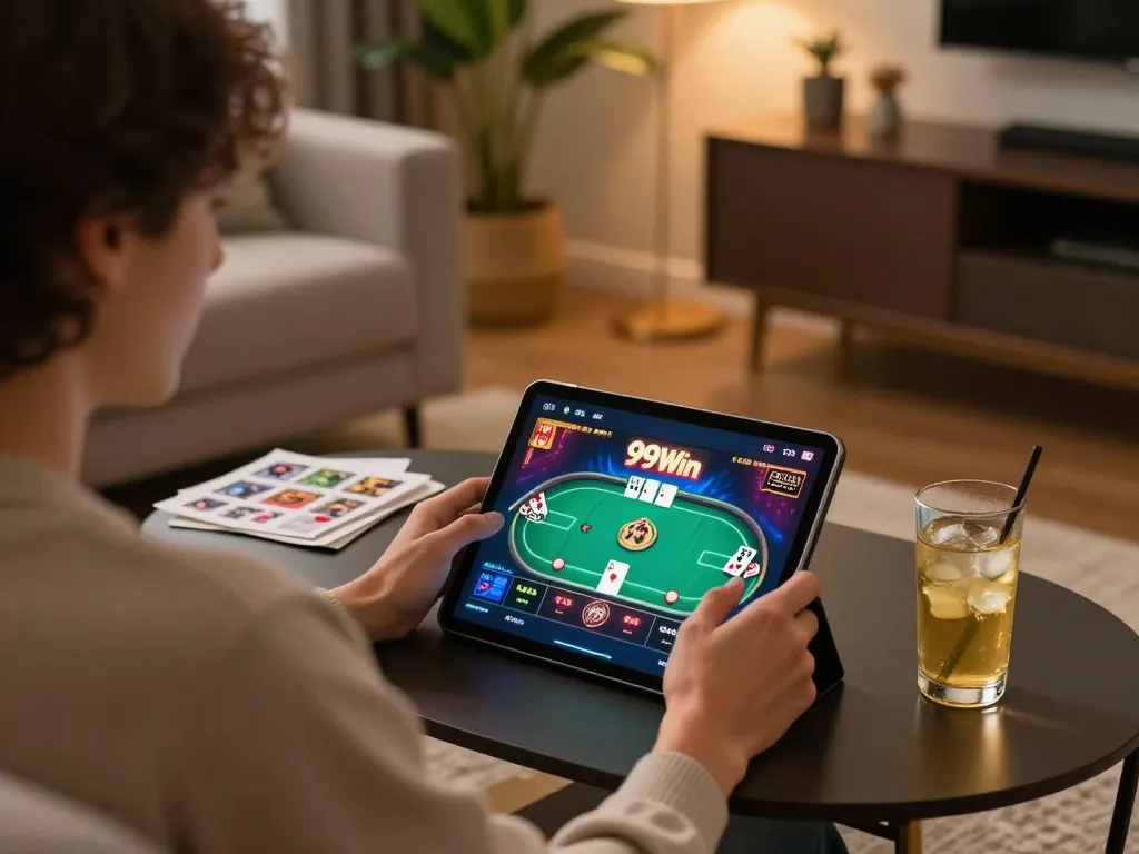 Engaging with 99Win on tablet during a cozy home gaming session, showing poker game interface and strategy notes.