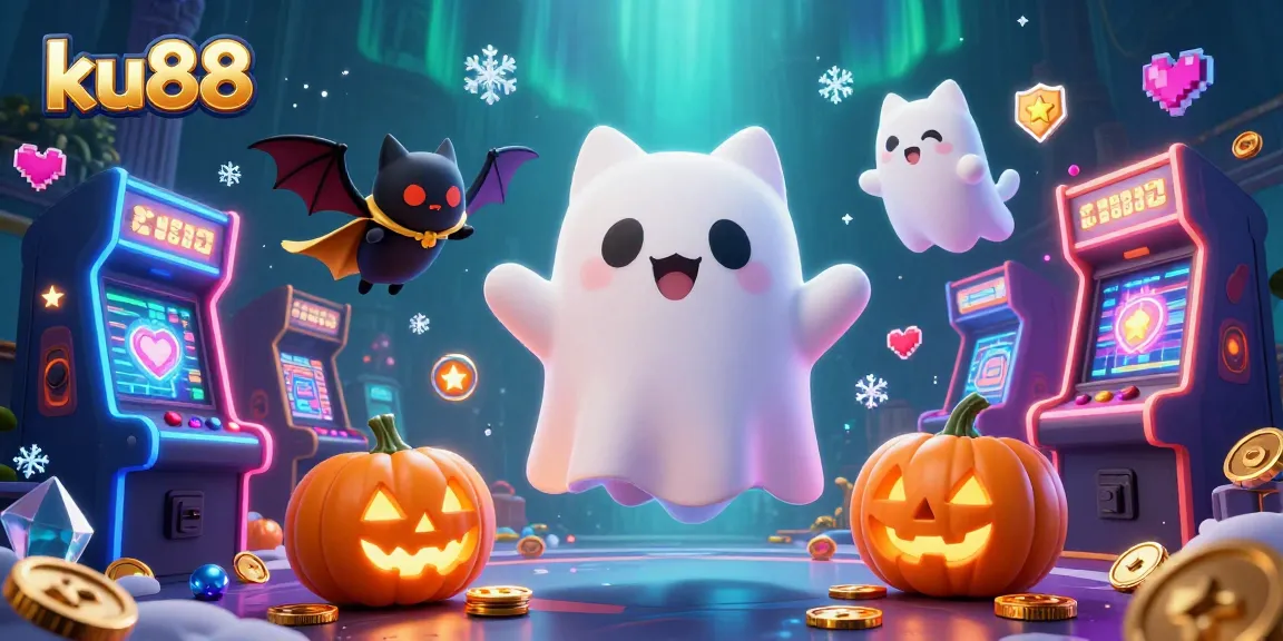 ku88 brings a playful ghost cat and a bat into a haunted casino scene full of vibrant gaming elements.