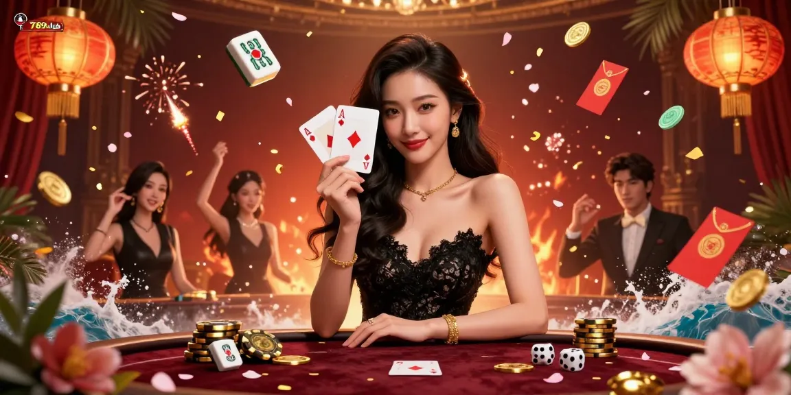 Experience thrilling gameplay at 789club with an elegant Asian woman holding winning playing cards.