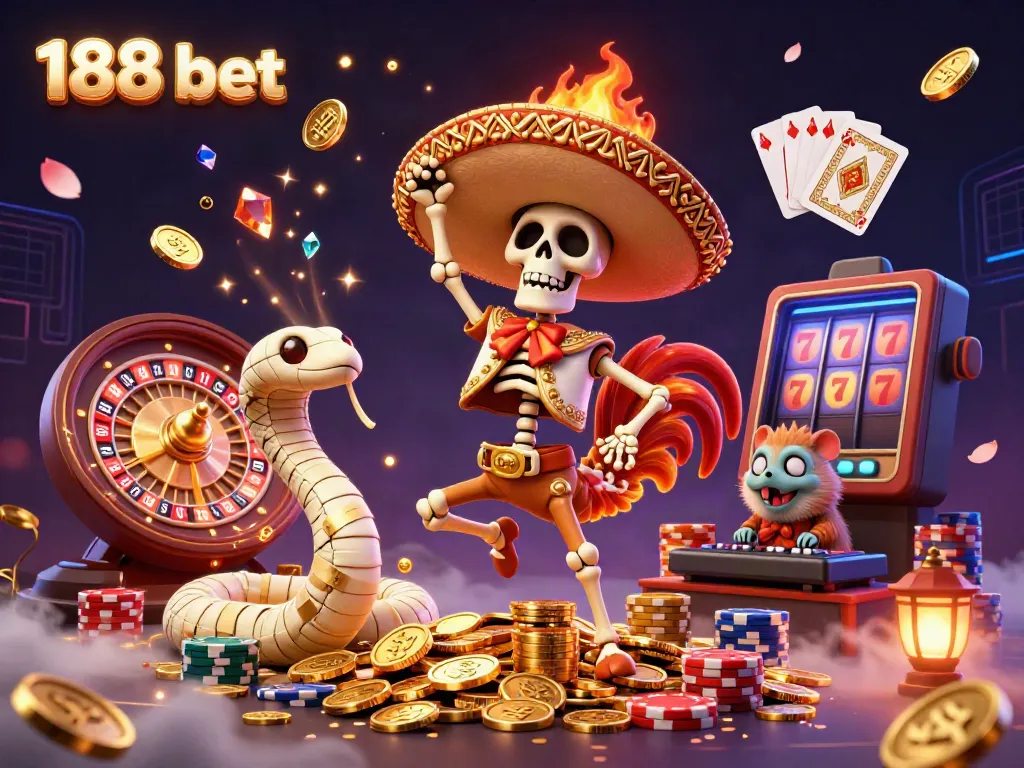 Experience thrilling wins with 188 bet in this vibrant, ultra-detailed 3D casino scene featuring a dancing mariachi rooster.
