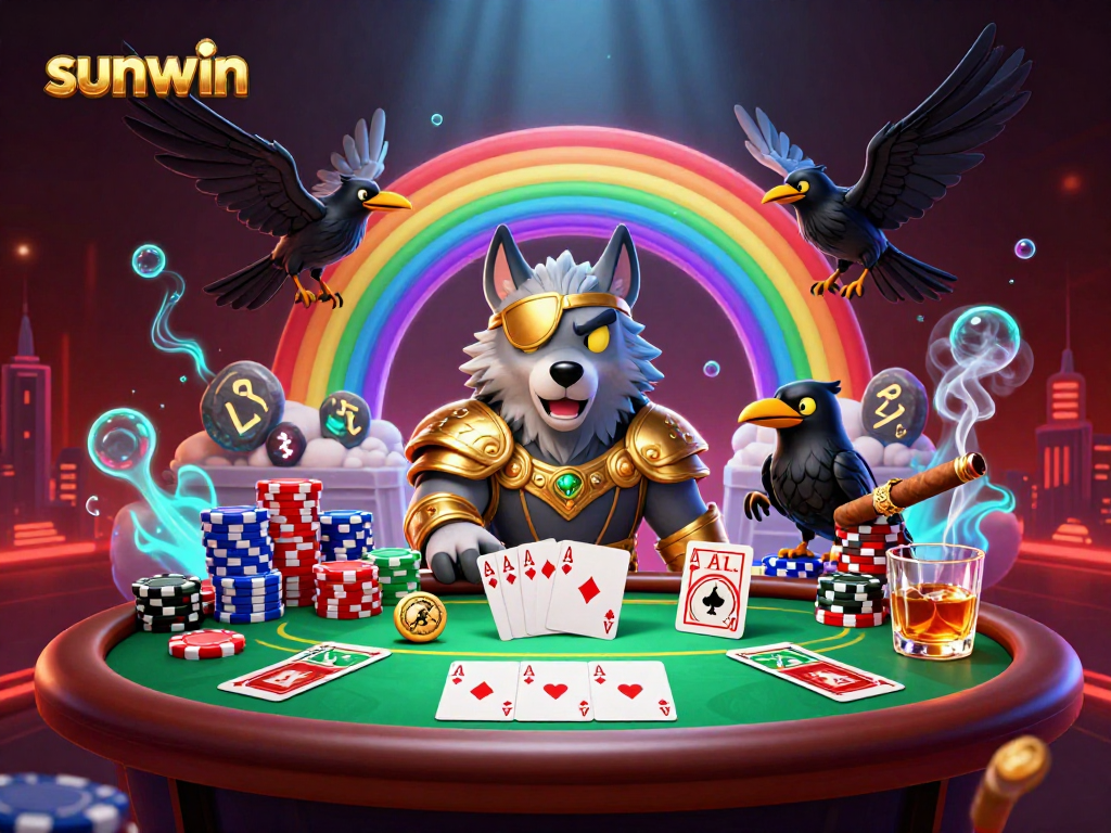 Experience a thrilling poker showdown with sunwin's Odin wolf and ravens on a casino bridge.