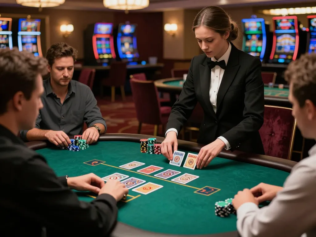 cloud-africa players analyzing cards at an upscale blackjack table in casino