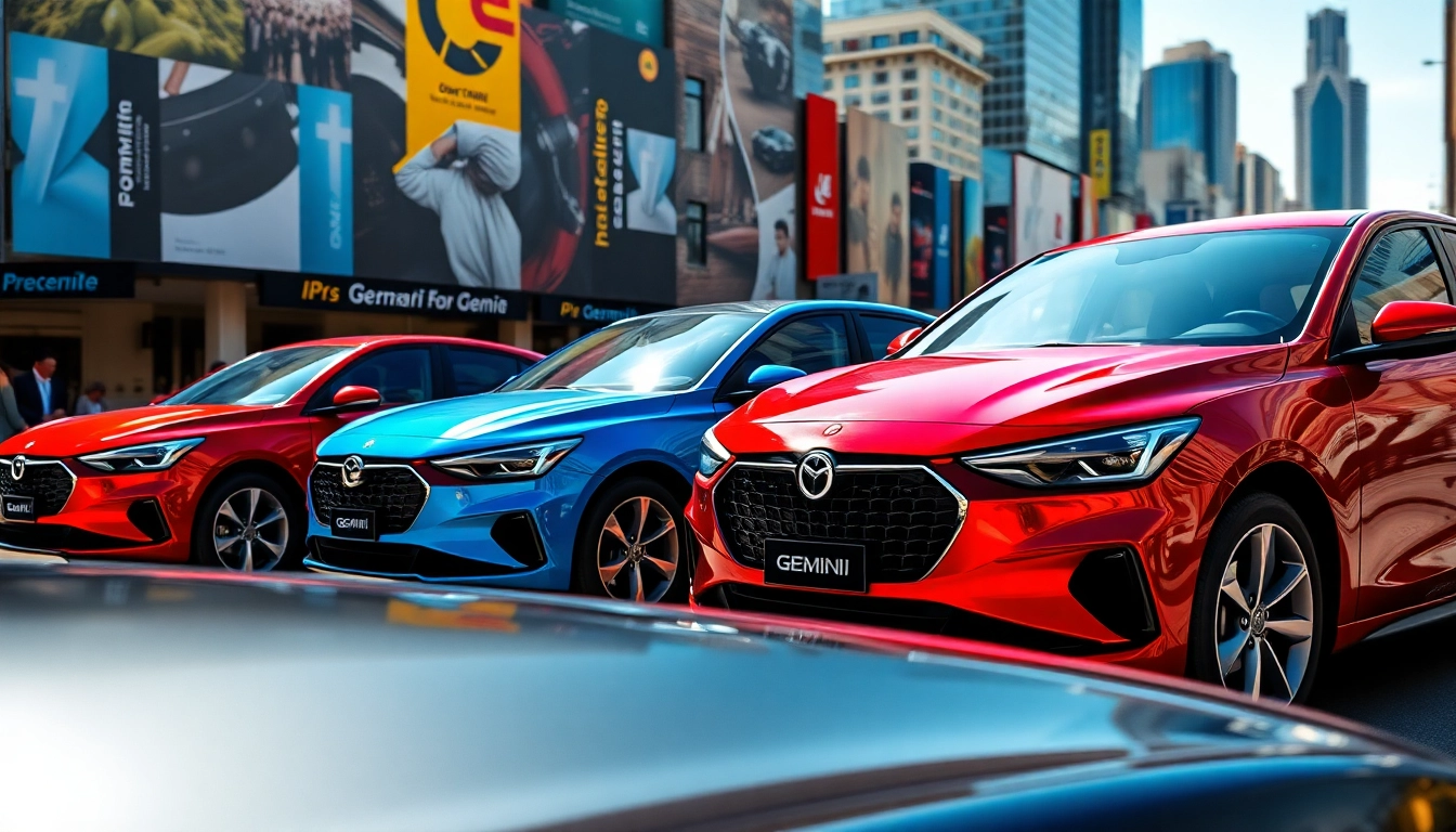 Showcase of Gemini cars amongst a vibrant urban backdrop highlighting their sleek design.