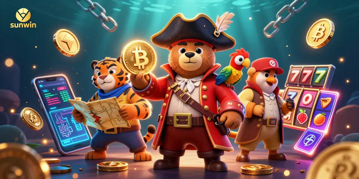 Win exciting slots with sunwin amidst vibrant 3D characters and action-packed crypto elements