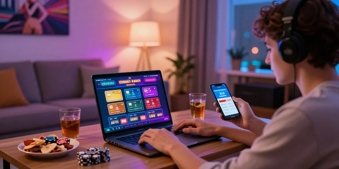 Engaging scene showing a player using credit card casinos on a laptop with vibrant graphics and cozy atmosphere.