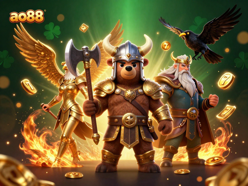 Experience the thrilling adventure at ao88, where slot games and Viking warriors collide in a vibrant casino illustration.