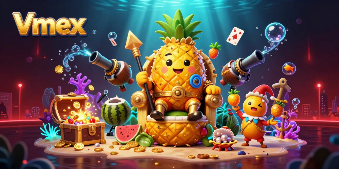 Experience fun at Vmex's vibrant digital casino featuring the golden pineapple king and his entertaining companions.