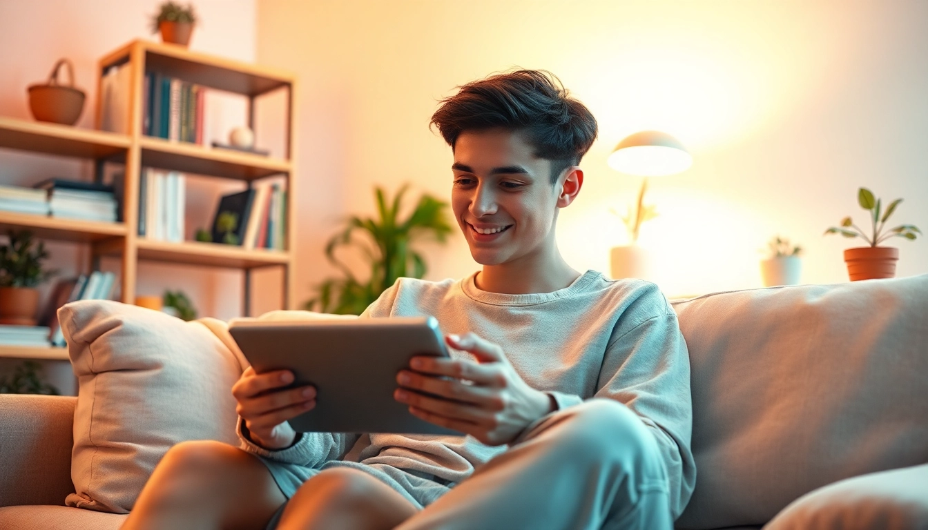 Engaged user connects with their AI girlfriend on a tablet in a cozy room.