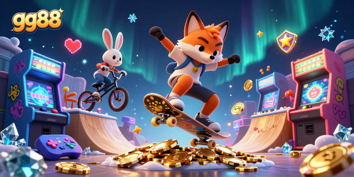 gg88 features a skateboarder fox and BMX rabbit in a vibrant casino scene with exciting game elements.